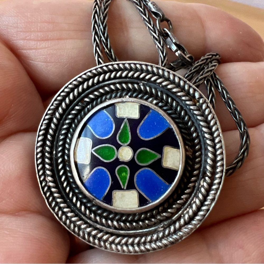 VINTAGE 925 STERLING ARTISAN PENDANT CHAI NECKLACE GEMSTONES INLAID PIN BROOCH - Picture 2 of 16